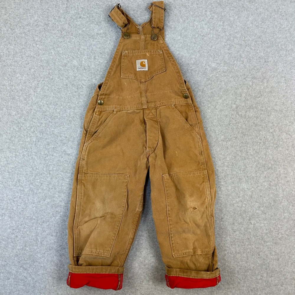 Carhartt Kids Vtg Duck Brown Flannel Lined‎ Double Knee Overalls Bibs Tan USA